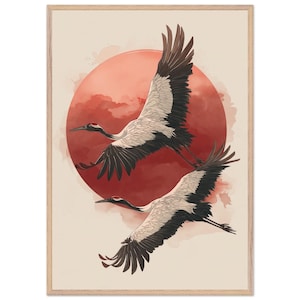 Gru da parete con cornice / Stampa giapponese del sole rosso / Decorazione Zen Japandi / Wabi Sabi Home / Opera d'arte con uccelli / Cornice in rovere di alta qualità
