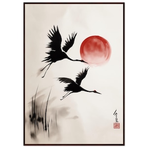 Arte mural de grulla japonesa / Póster de sol rojo Sumi-e / Decoración zen enmarcada / Estilo minimalista Japandi / Pintura en tinta / Regalo de meditación