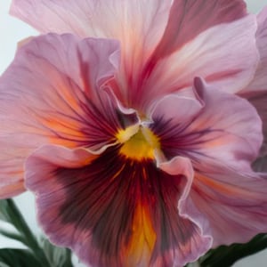 May include: Close-up of a pansy flower with layered petals in shades of pink, purple, and orange. The center of the flower is a deep burgundy with a yellow core. Green leaves are visible at the bottom.