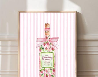 May include: A framed print featuring a watercolor illustration of a strawberry wine bottle. The bottle is adorned with strawberries and a pink bow. The background has pink and white vertical stripes.