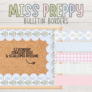 Peut inclure: Une collection numérique de bordures de tableau d'affichage intitulée MISS PREPPY BULLETIN BORDERS, comprenant 52 bordures aux bords droits et festonnés. Les motifs incluent des fleurs bleues, du vichy bleu clair, du plaid rose et des bandes rose clair.