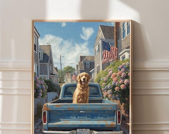 Golden Retriever Vintage Magazine Poster | Watercolor Nantucket Summer Old Money Aesthetic | American Flag Print | Navy & Red Coastal Poster