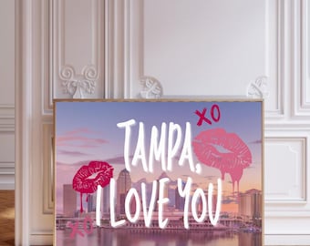 Różowy wydruk artystyczny Tampa | Sztuka ścienna w stylu Tampa | Druk Tampa | Modny, estetyczny wystrój pokoju studenckiego | Wystrój akademika | Elegancki wystrój uczelni