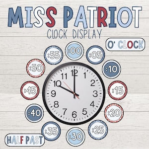 May include: A wall clock surrounded by circular labels displaying minutes from :00 to :55, with rectangular labels for O' CLOCK and HALF PAST. The text MISS PATRIOT CLOCK DISPLAY appears at the top in blue and red letters on a white wood background.
