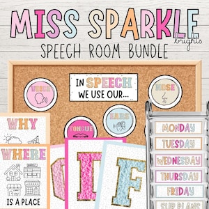 以下が含まれることがあります： Miss Sparkle Brightsの言語療法室用装飾セット。コルクボード、Voice、Nose、Tongue、Earsと書かれた円形の看板、In Speech We Use Ourと書かれた長方形の看板が含まれます。WhyとWhereのポスター、曜日ラベル付きのワゴンも含まれています。