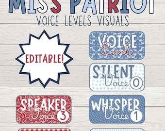 Elementos visuales para el control del nivel de voz en el aula / Decoración para la gestión del aula de Miss Patriot Bulletin / Descarga digital / Tema costero patriótico