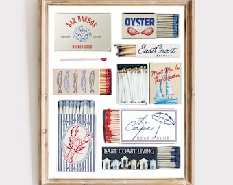 Vintage East Coast Matchbook Print | Watercolor Matchbox Print | Coastal Matchbox Print | Cape Cod Matchbook Poster | Trendy Matches Poster