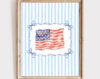 Wydruk z nadbrzeżną amerykańską flagą | Sztuka ścienna Coquette Coastal | Sztuka ścienna Coastal Granddaughter | Wydruk z Nantucket Summer | Akwarela z flagą amerykańską