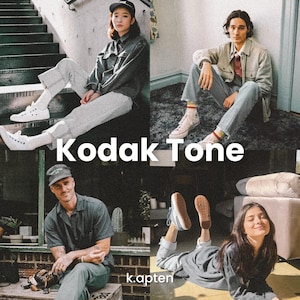 May include: A promotional image featuring four individuals in casual attire. The image has the text "Kodak Tone" in white. The bottom right corner has the text "k.apten". The people are wearing jeans, shirts, and sneakers.