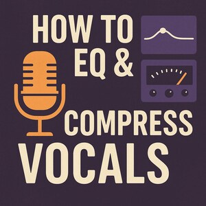 以下が含まれることがあります： 白い文字で「HOW TO EQ & COMPRESS VOCALS」と書かれたグラフィック。オレンジ色のマイクのグラフィックが左側にあります。オーディオ関連の記号が描かれた2つの紫色のグラフィックが右側にあり、濃い紫色の背景に設定されています。