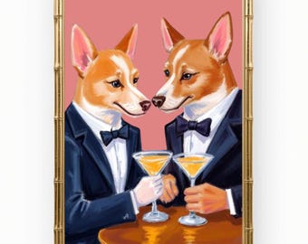 Cuadro decorativo Corgi: Perros bebiendo martinis en un bar, lámina de Pink Gallery, regalo para amantes de los perros.