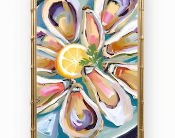 Lámina con pintura de ostras coloridas: Arte para la cocina de una casa de playa costera