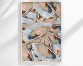 Estampado de ostras, arte mural costero, pintura abstracta de ostras, decoración para casas de playa