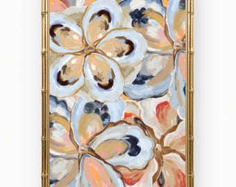 Lámina con estampado de ostras coloridas, decoración playera abstracta estilo boho costera.