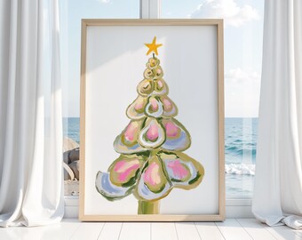 Decoración navideña costera de 28 x 35 cm: Impresión de pintura de árbol de Navidad de ostras