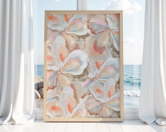 Estampado de ostra rosa: Arte mural costero, decoración para casas de playa.