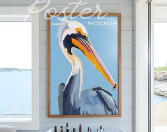 Maqueta de póster de arte mural costero con marco vertical PSD - Photopea y Photoshop