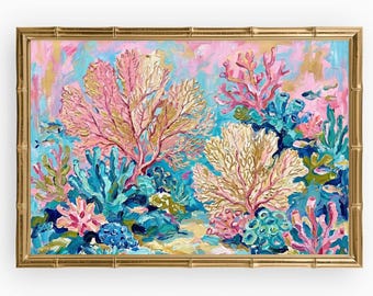 Arte mural costero: Impresión de pintura de abanicos de mar de arrecife de coral en tonos pastel brillantes, playa náutica colorida