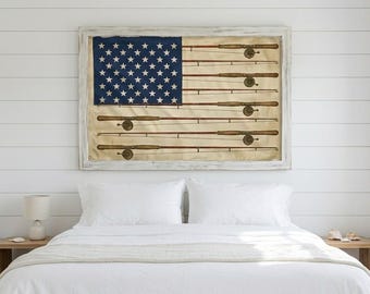 Nautical American Flag Fishing Rod Art Print: Lakehouse Patriotic Decor