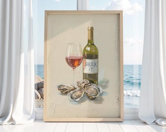 Arte mural costero: Pintura de ostras, ábralas, decoración de cocina costera, impresión