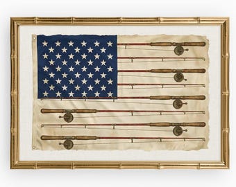 Lámina decorativa vintage con la bandera estadounidense y caña de pescar: Decoración náutica para casas de lago.