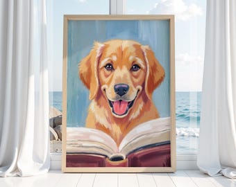Lámina artística costera con un golden retriever leyendo un libro.