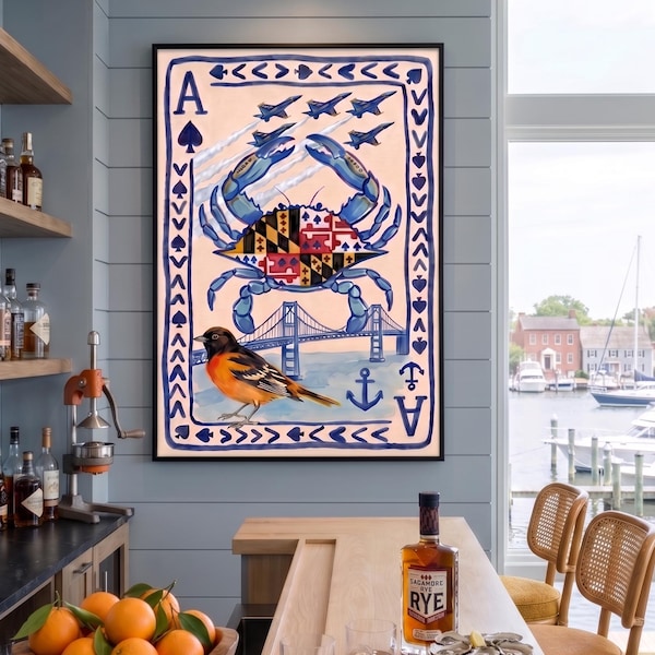 Maryland Crab Oriole Print: Chesapeake Bay Bridge, Blue Angels Watercolor Art (Poster)