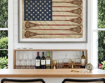 Lámina con diseño de lacrosse y bandera estadounidense con efecto desgastado, arte mural deportivo vintage (24x36)