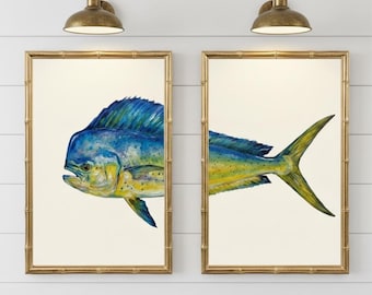 Juego de láminas con motivos de peces Mahi Mahi costeros: Arte de pared para casa de playa con temática náutica.