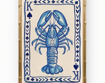 Blue Lobster King of Spades Print, Coastal Grandmother Chinoiserie Wall Art