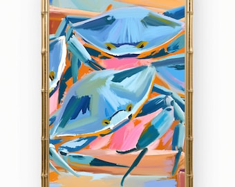 Cuadro costero de cangrejo azul: lámina decorativa náutica colorida para la pared de la cocina.