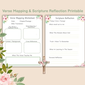 May include: A printable worksheet set for verse mapping and scripture reflection. The design features floral accents and includes sections for key words, context, and personal reflection. The text on the worksheet includes "Verse Mapping Worksheet" and "Scripture Reflection".