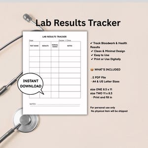 May include: A Lab Results Tracker printable document featuring a table with columns for Test Name, Results, Normal Range, and Notes. The page includes text stating Instant Download, What's Included, and details for 8.5 x 11 and 11 x 8.5 inch sizes.