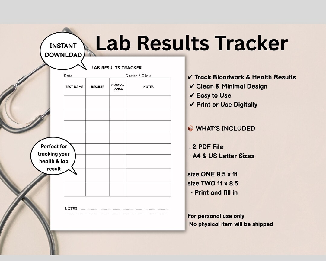 Printable Lab Results Tracker Blood Test History Chart Medical Tracker ...