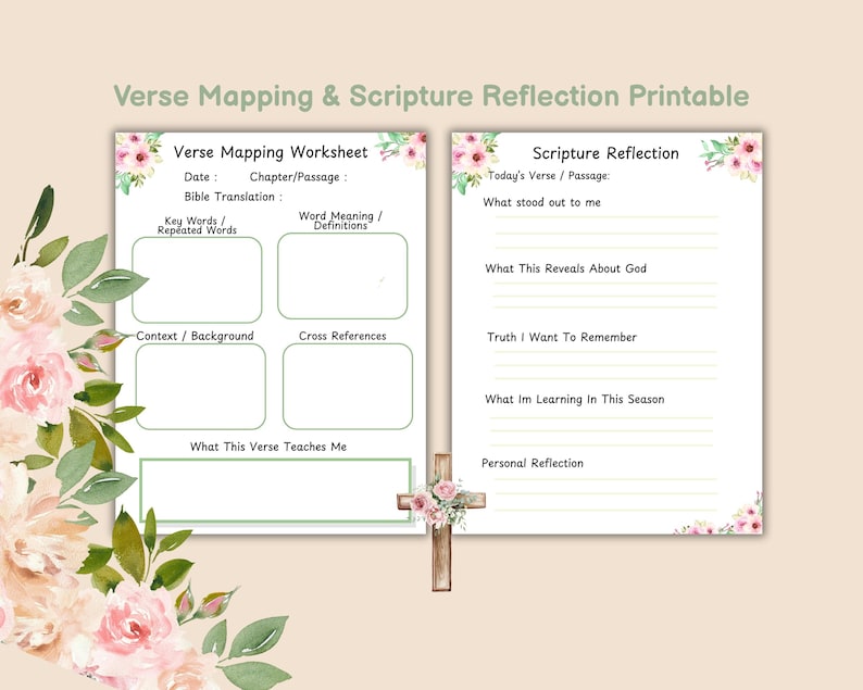 May include: A printable worksheet set for verse mapping and scripture reflection. The design features floral accents and includes sections for key words, context, and personal reflection. The text on the worksheet includes "Verse Mapping Worksheet" and "Scripture Reflection".