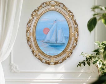 Original oil painting. Sailboat painting. Ocean Calm. Impressionist Artwork 9x12x0.5in