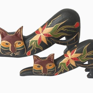 Black Cats Laurel Burch Wooden Style Cat Set – Set of 2 – Black with Red Green & Gold Trim – Stretching Position