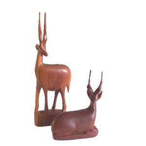 Set of 2 Vintage Teak Antelope Gazelle Deer Mid Century Retro Figurine Sculptures - 1970s