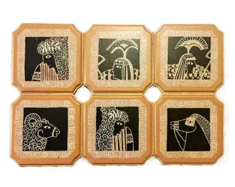 Set of Six Vintage Wood Coasters Wall Art Option