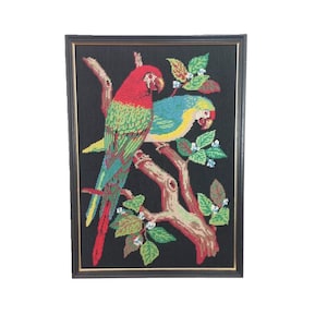 Vintage Framed Birds & Foliage – Needlepoint Art – 54×39cm – Mid-Century Textile in Excellent Condition
