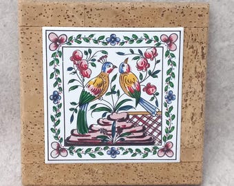 Vintage Portugese tegel onderzetter voor vogels - 15 cm (6") handgeschilderde azulejo