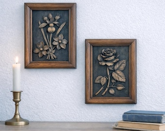 Pair of Vintage Framed Folk Art Oak Wood Flower Relief Panels - 21.5cm High