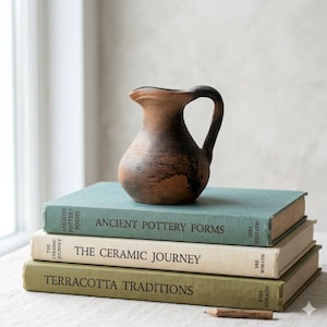 Puede incluir: Una pequeña jarra de terracota de color marrón oscuro con un asa curva se asienta sobre una pila de tres libros de tapa dura. Los libros se titulan Ancient Pottery Forms, The Ceramic Journey y Terracotta Traditions, con cubiertas en color verde azulado, crema y verde oliva.