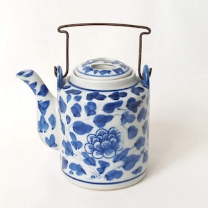 Vintage Chinese Teapot Canton Blue and White Ceramic Handpainted Teapot