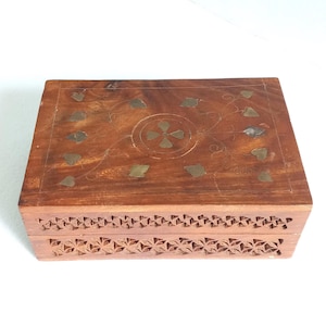 Brass Inlay Handcrafted Wooden Trinket Box - Handcarved - Lined - Brass Hinges