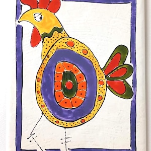 MCM Folk Art Style Vintage Majolica Ceramic Handpainted Wall Tile Chicken Bird 25cm
