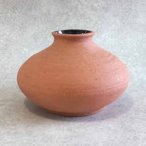 May include: A terracotta-colored ceramic vase with a rounded body and a narrow neck. The interior of the vase is black. The vase has a textured surface and is suitable for home decor.