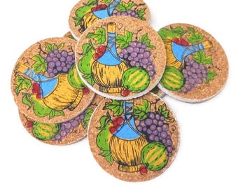 Vintage handgeschilderde kurken onderzetters uit de jaren 70 • Set van 8 inch