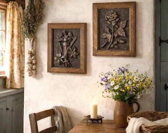 Pair of Vintage Framed Folk Art Oak Wood Flower Relief Panels - 21.5cm High