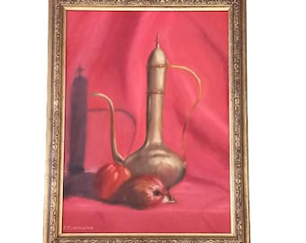 Vintage ingelijst origineel stilleven - oosterse kan met fruit - gesigneerd door kunstenaar